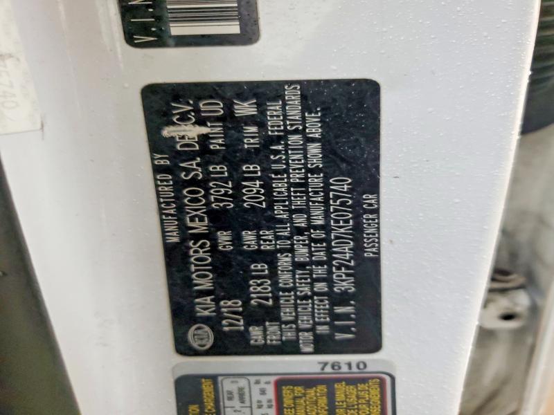 2019 Kia Forte მანქანა იყიდება აუქციონზე, vin: 3KPF24AD7KE075740, აუქციონის ნომერი: 98071295