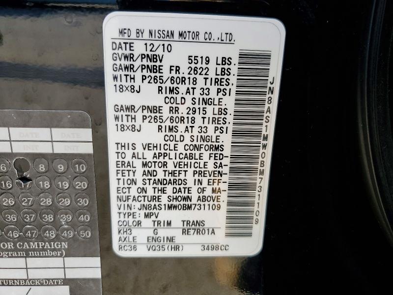 99885455 :رقم المزاد ، JN8AS1MW0BM731109 vin ، 2011 Infiniti Fx35 مزاد بيع