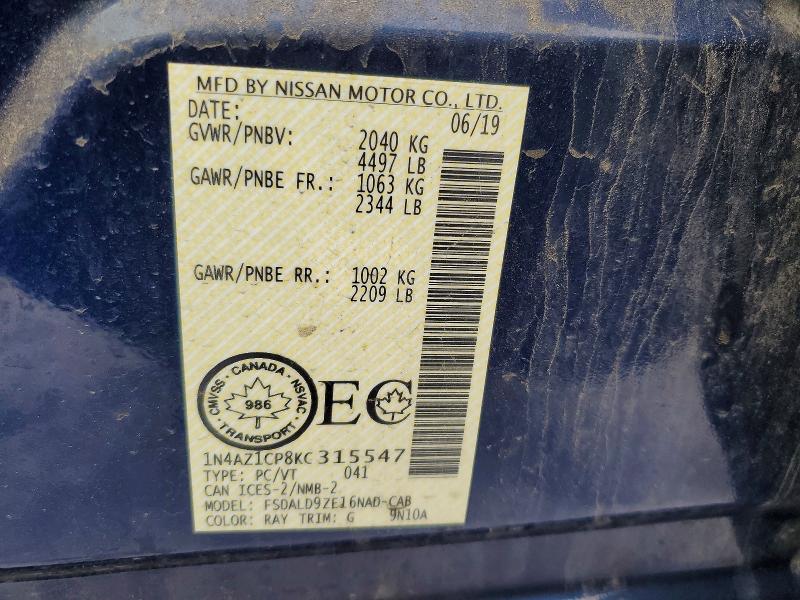 Продажа на аукционе авто 2019 Nissan Leaf, vin: 1N4AZ1CP8KC315547, номер лота: 73372055