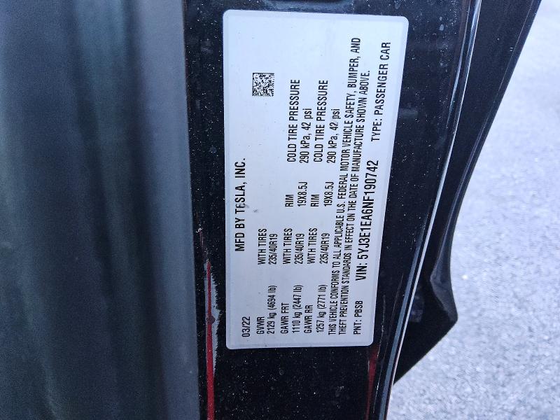 75494805 :رقم المزاد ، 5YJ3E1EA6NF190742 vin ، 2022 Tesla Model 3 مزاد بيع