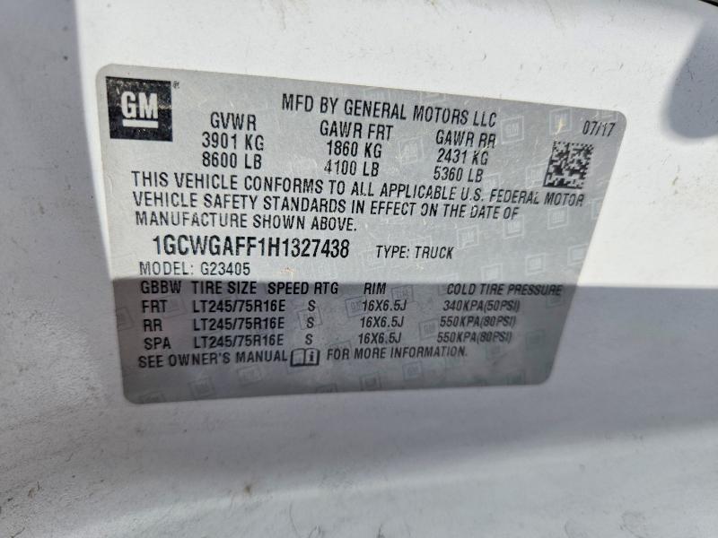 2017 Chevrolet Express G2500 მანქანა იყიდება აუქციონზე, vin: 1GCWGAFF1H1327438, აუქციონის ნომერი: 74637705
