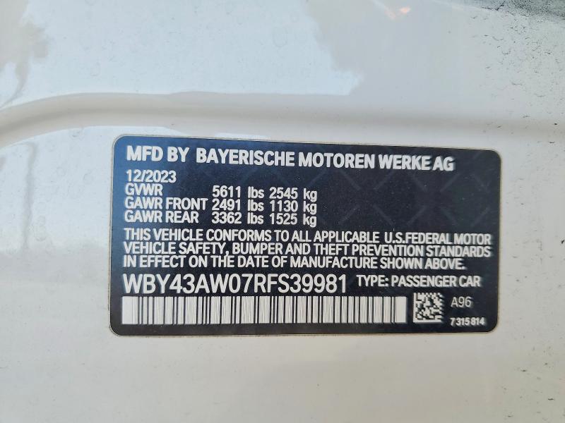 Aukcja sprzedaży 2024 Bmw I4, vin: WBY43AW07RFS39981, numer aukcji: 98665675