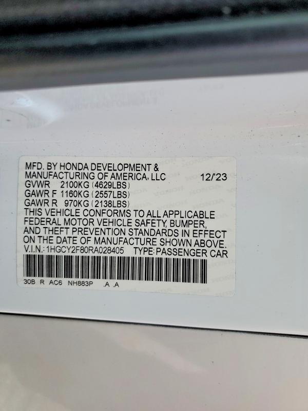 Aukcja sprzedaży 2024 Honda Accord, vin: 1HGCY2F80RA028405, numer aukcji: 74297935