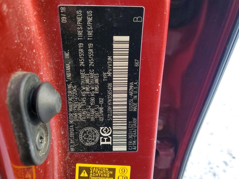 98756595 :رقم المزاد ، 5TDJZRFH7KS565406 vin ، 2019 Toyota Highlander مزاد بيع