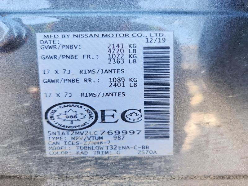 75108765 :رقم المزاد ، 5N1AT2MV2LC769997 vin ، 2020 Nissan Rogue مزاد بيع