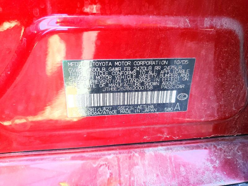 Aukcja sprzedaży 2006 Lexus Is, vin: JTHBE262862000158, numer aukcji: 72265295