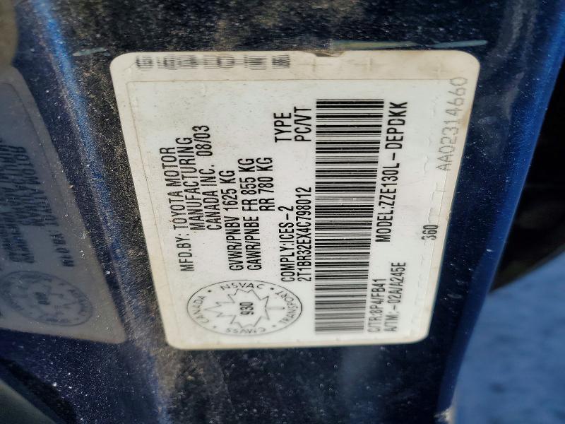 75308355 :رقم المزاد ، 2T1BR32EX4C798012 vin ، 2004 Toyota Corolla مزاد بيع