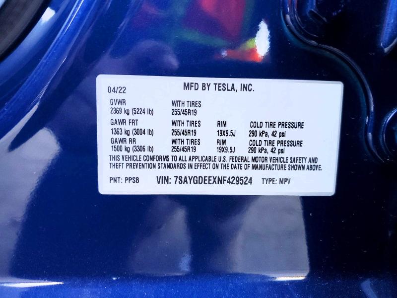 2022 Tesla Model Y მანქანა იყიდება აუქციონზე, vin: 7SAYGDEEXNF429524, აუქციონის ნომერი: 72404815