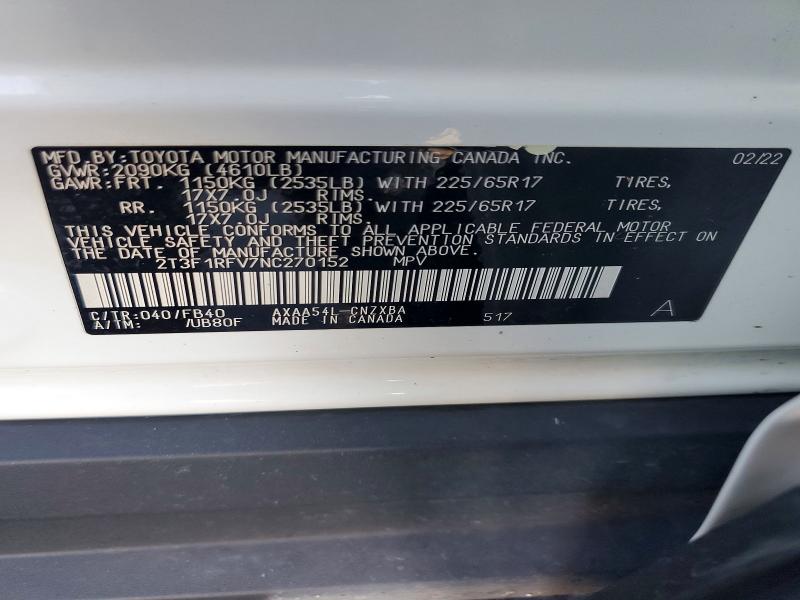 99550185 :رقم المزاد ، 2T3F1RFV7NC270152 vin ، 2022 Toyota Rav4 مزاد بيع