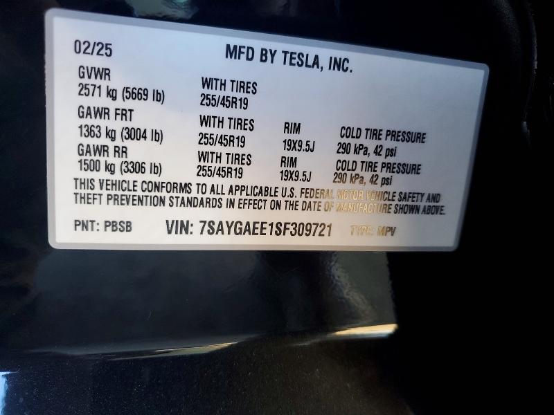 Aukcja sprzedaży 2025 Tesla Model Y, vin: 7SAYGAEE1SF309721, numer aukcji: 72217795
