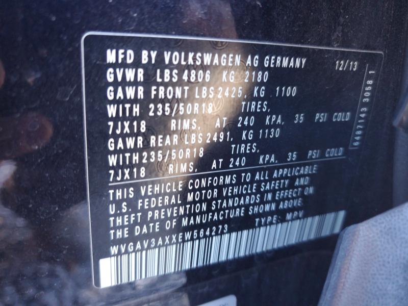 2014 Volkswagen Tiguan მანქანა იყიდება აუქციონზე, vin: WVGAV3AXXEW564273, აუქციონის ნომერი: 74191365