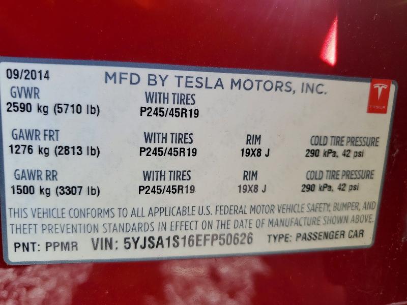 2014 Tesla Model S მანქანა იყიდება აუქციონზე, vin: 5YJSA1S16EFP50626, აუქციონის ნომერი: 73892585