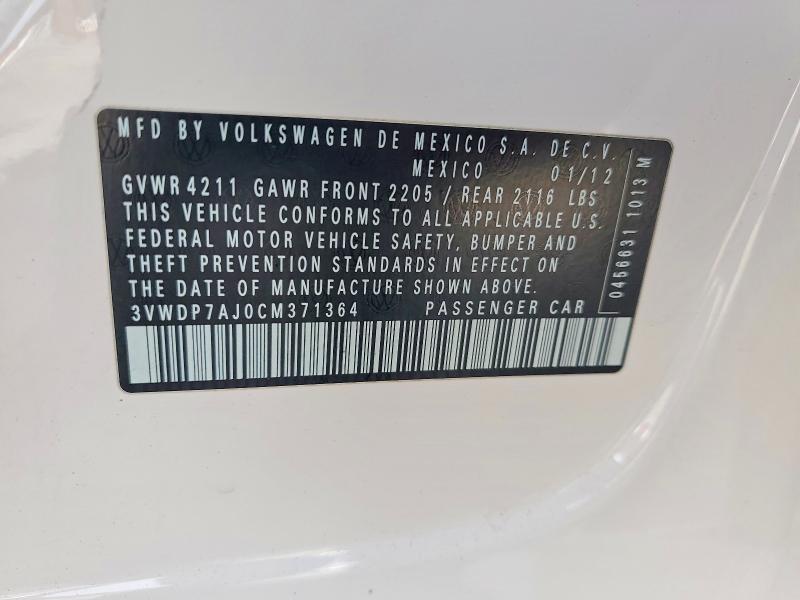 2012 Volkswagen Jetta მანქანა იყიდება აუქციონზე, vin: 3VWDP7AJ0CM371364, აუქციონის ნომერი: 75419795
