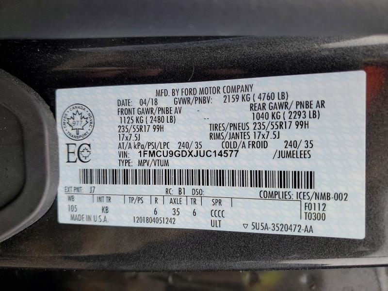 Aukcja sprzedaży 2018 Ford Escape, vin: 1FMCU9GDXJUC14577, numer aukcji: 99168995