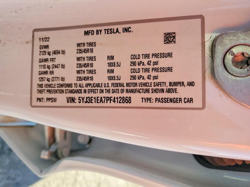 2023 Tesla Model 3 მანქანა იყიდება აუქციონზე, vin: 5YJ3E1EA7PF412868, აუქციონის ნომერი: 72392575