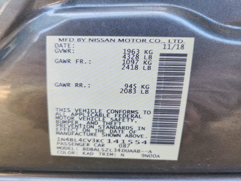 2019 Nissan Altima მანქანა იყიდება აუქციონზე, vin: 1N4BL4CV3KC141554, აუქციონის ნომერი: 99901645