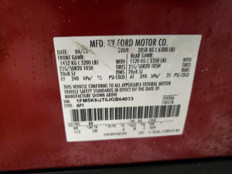 74632845 :رقم المزاد ، 1FM5K8GT6JGB64033 vin ، 2018 Ford Explorer مزاد بيع