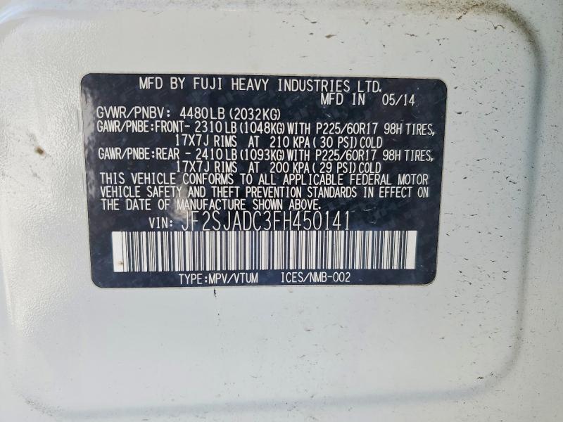 2015 Subaru Forester მანქანა იყიდება აუქციონზე, vin: JF2SJADC3FH450141, აუქციონის ნომერი: 73836625