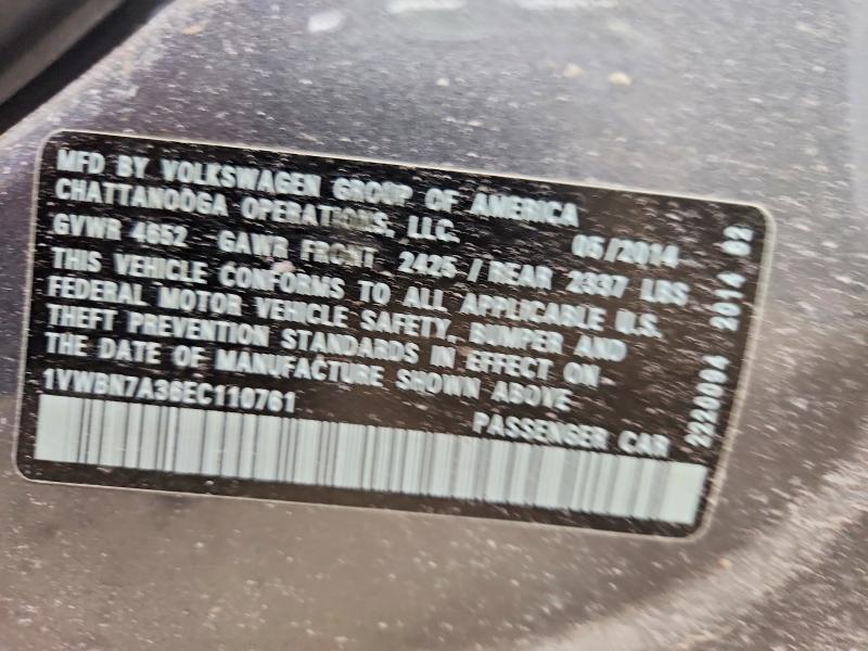 2014 Volkswagen Passat მანქანა იყიდება აუქციონზე, vin: 1VWBN7A36EC110761, აუქციონის ნომერი: 72867285