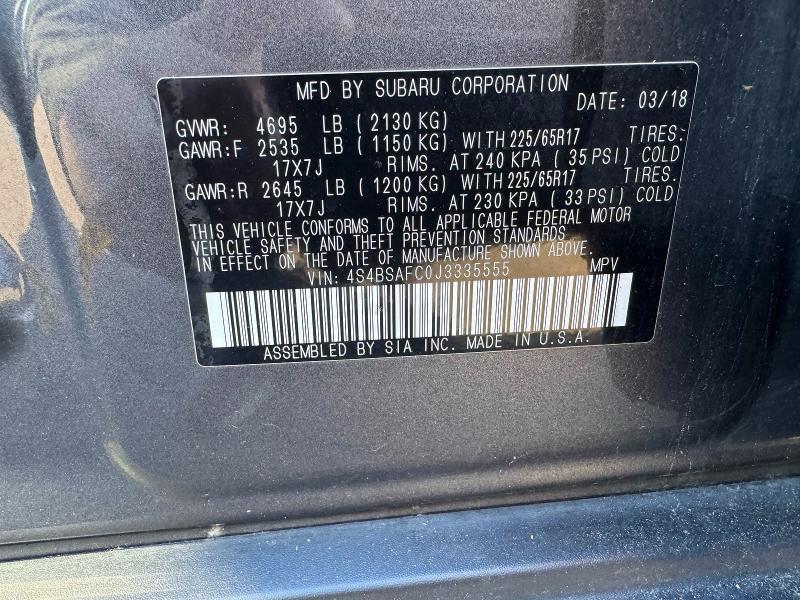 74932965 :رقم المزاد ، 4S4BSAFC0J3335555 vin ، 2018 Subaru Outback 2. مزاد بيع
