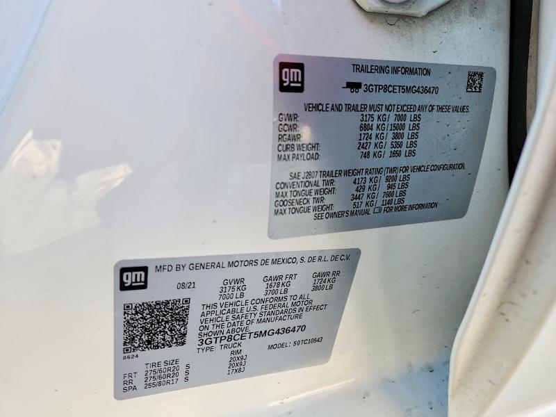 98278645 :رقم المزاد ، 3GTP8CET5MG436470 vin ، 2021 Gmc Sierra مزاد بيع