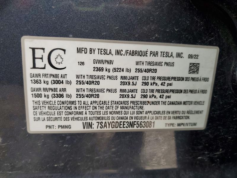 2022 Tesla Model Y მანქანა იყიდება აუქციონზე, vin: 7SAYGDEE3NF563081, აუქციონის ნომერი: 73204165