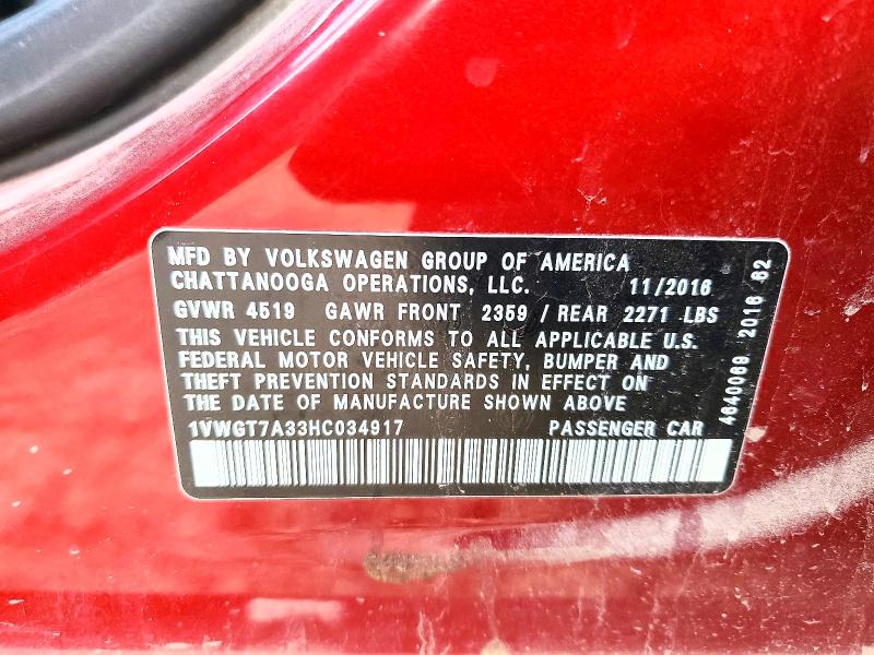 Aukcja sprzedaży 2017 Volkswagen Passat, vin: 1VWGT7A33HC034917, numer aukcji: 99531065