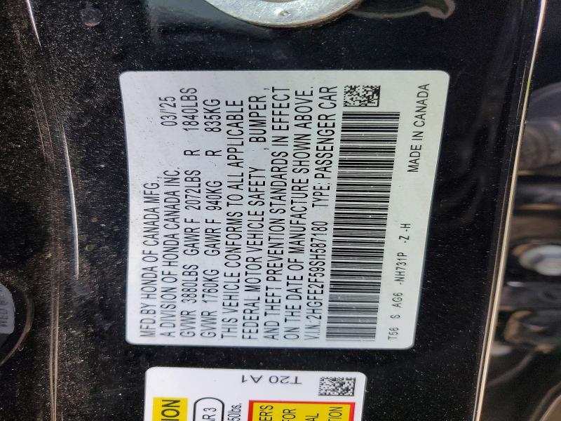 99171615 :رقم المزاد ، 2HGFE2F59SH587180 vin ، 2025 Honda Civic مزاد بيع