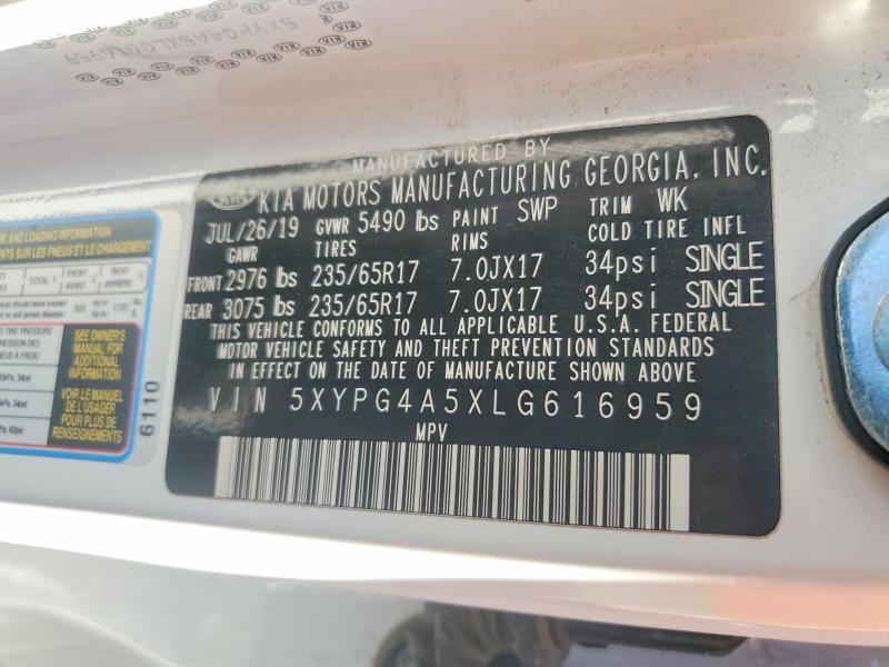 Aukcja sprzedaży 2020 Kia Sorento, vin: 5XYPG4A5XLG616959, numer aukcji: 73716285