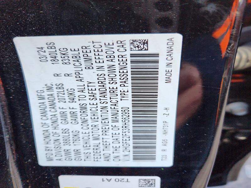 Продаж на аукціоні авто 2024 Honda Civic, vin: 2HGFE2F53RH562950, номер лоту: 99290325