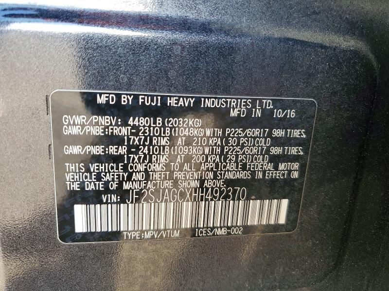 72684115 :رقم المزاد ، JF2SJAGCXHH492370 vin ، 2017 Subaru Forester مزاد بيع