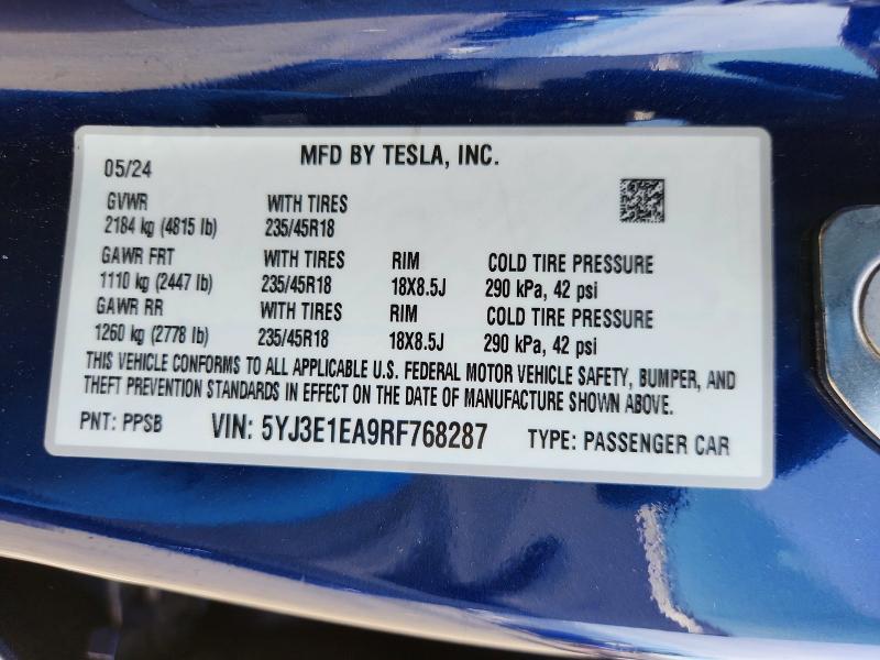 Продаж на аукціоні авто 2024 Tesla Model 3, vin: 5YJ3E1EA9RF768287, номер лоту: 75011745