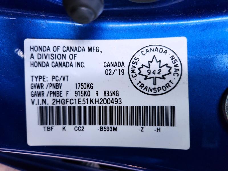 72699985 :رقم المزاد ، 2HGFC1E51KH200493 vin ، 2019 Honda Civic مزاد بيع