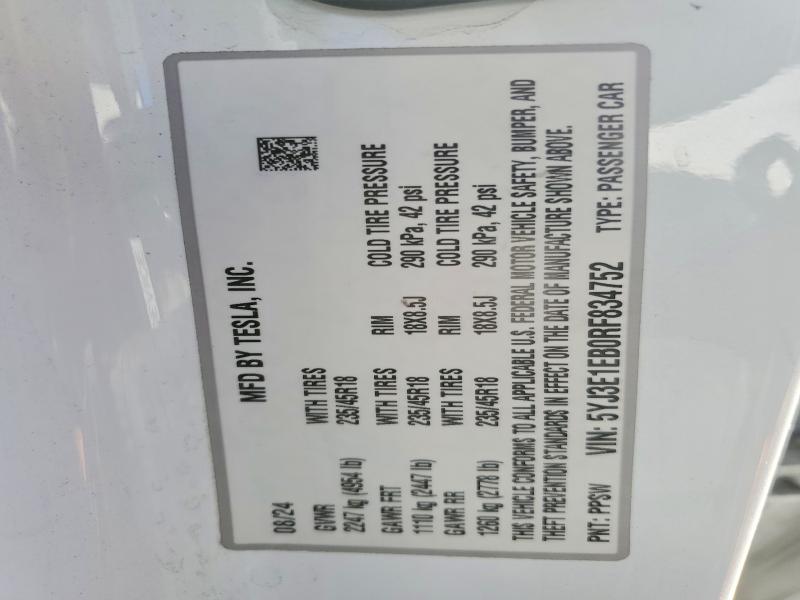 Продажа на аукционе авто 2024 Tesla Model 3, vin: 5YJ3E1EB0RF834752, номер лота: 72496985
