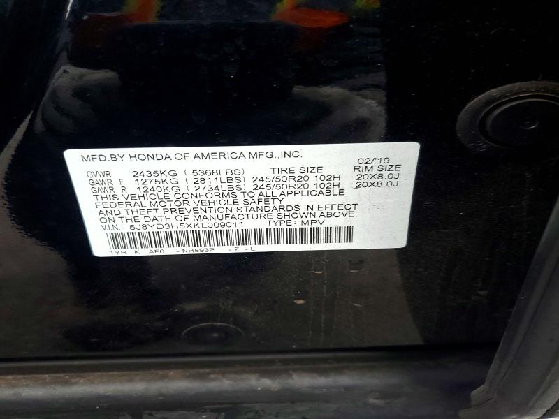 75107465 :رقم المزاد ، 5J8YD3H5XKL009011 vin ، 2019 Acura Mdx مزاد بيع