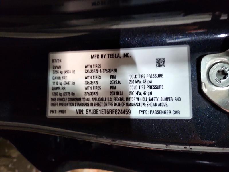 2024 Tesla Model 3 მანქანა იყიდება აუქციონზე, vin: 5YJ3E1ET6RF824459, აუქციონის ნომერი: 74694255