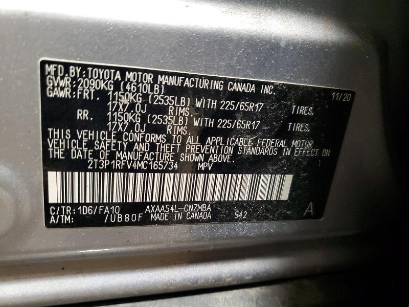 2021 Toyota Rav4 მანქანა იყიდება აუქციონზე, vin: 2T3P1RFV4MC165734, აუქციონის ნომერი: 98636515