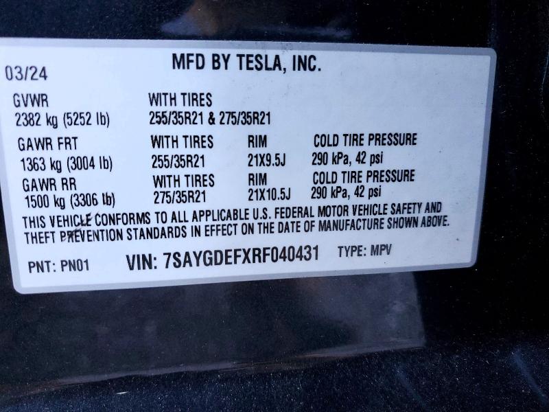 99390605 :رقم المزاد ، 7SAYGDEFXRF040431 vin ، 2024 Tesla Model Y مزاد بيع