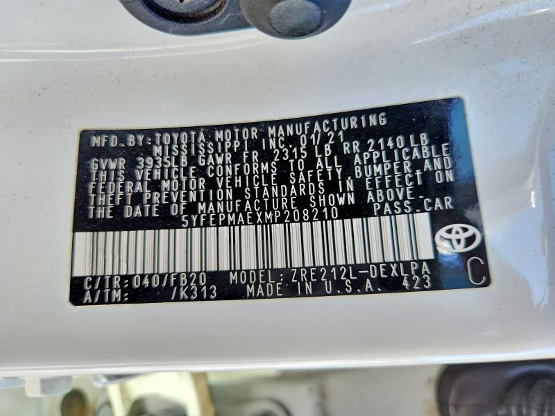 Aukcja sprzedaży 2021 Toyota Corolla, vin: 5YFEPMAEXMP208210, numer aukcji: 74806515