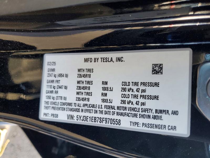 Продаж на аукціоні авто 2025 Tesla Model 3, vin: 5YJ3E1EB7SF970558, номер лоту: 75612515