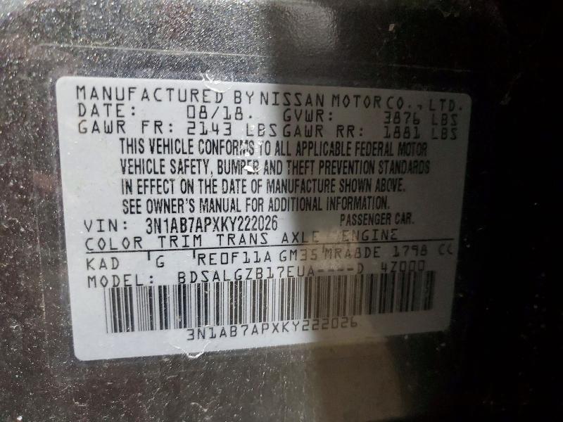 Auction sale of the 2019 Niss Sentra, vin: 3N1AB7APXKY222026, lot number: 98752745
