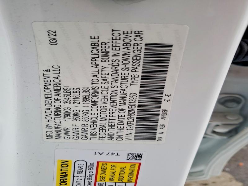 Продажа на аукционе авто 2022 Honda Civic, vin: 19XFL2H82NE013953, номер лота: 73554315