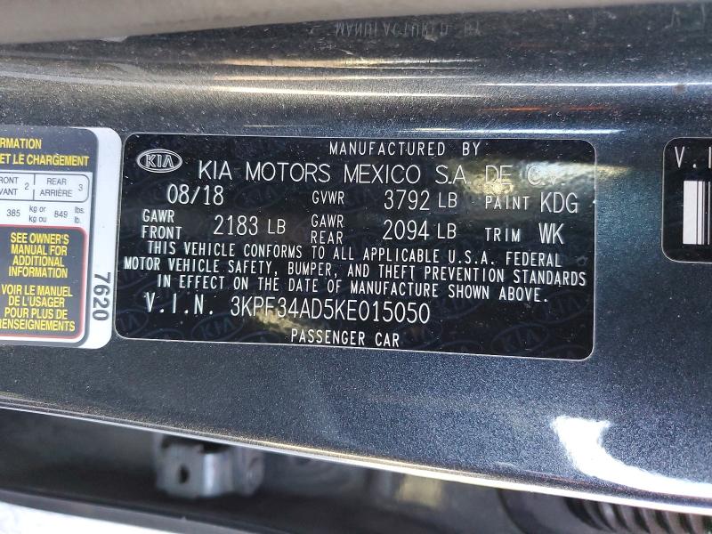 2019 Kia Forte მანქანა იყიდება აუქციონზე, vin: 3KPF34AD5KE015050, აუქციონის ნომერი: 72758335