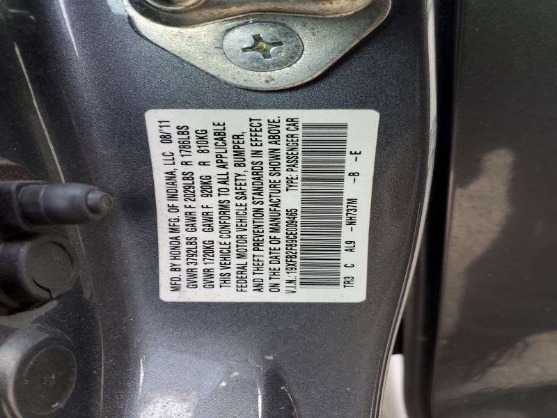 2012 Honda Civic Ex მანქანა იყიდება აუქციონზე, vin: 19XFB2F89CE009465, აუქციონის ნომერი: 74940985