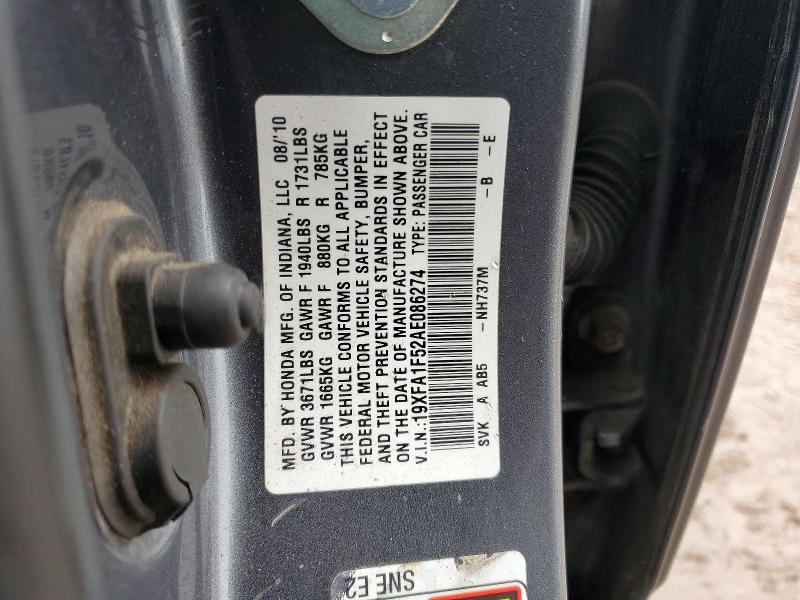 Aukcja sprzedaży 2010 Honda Civic, vin: 19XFA1F52AE086274, numer aukcji: 72221885