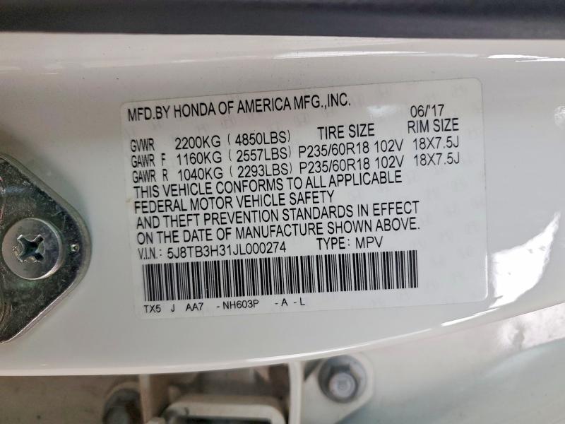 Продажа на аукционе авто 2018 Acura Rdx, vin: 5J8TB3H31JL000274, номер лота: 98154095