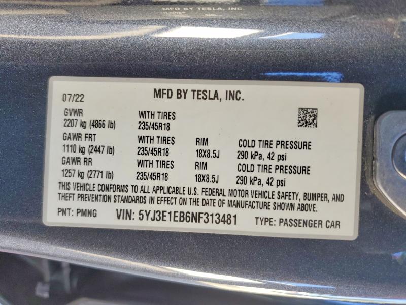 99578205 :رقم المزاد ، 5YJ3E1EB6NF313481 vin ، 2022 Tesla Model 3 مزاد بيع