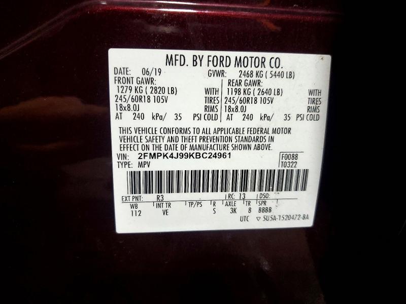 75044715 :رقم المزاد ، 2FMPK4J99KBC24961 vin ، 2019 Ford Edge مزاد بيع