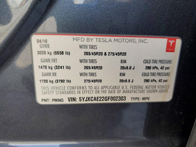 74479485 :رقم المزاد ، 5YJXCAE22GF002303 vin ، 2016 Tesla Model X مزاد بيع