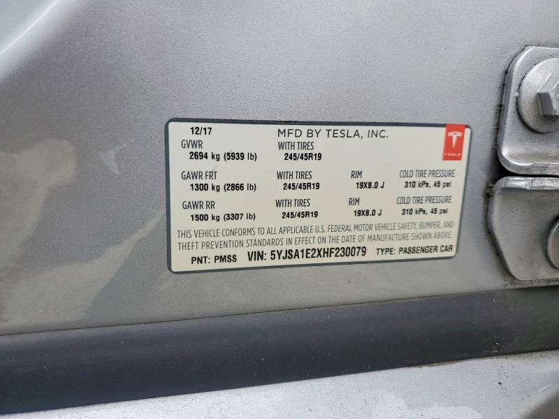 2017 Tesla Model S მანქანა იყიდება აუქციონზე, vin: 5YJSA1E2XHF230079, აუქციონის ნომერი: 74699555